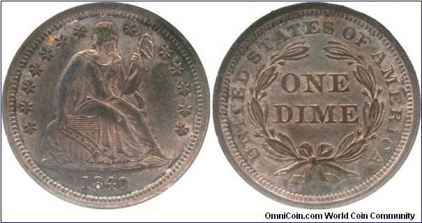 1840 With Drapery Liberty Seated dime that is graded MS62 by NGC.  During the year 1840, US mint changed the obverse and reverse die designs.  A small mintage of 1840 With Drapery dimes was made and today finding a mint state example is extremely difficult.  My entire Liberty Seated Dime collection can be viewed at www.seateddimevarieties.com