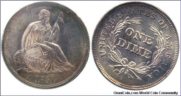 1837 No Stars F-101b Liberty Seated dime.  The obverse die is badly cracked.  This lovely dime sits in a PCGS MS63 holder and is under graded.  My entire Liberty Seated Dime collection can be viewed at www.seateddimevarieties.com