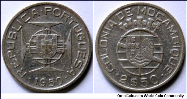 2 and 1/2 escudos.
1950, Ag 650. Portugal administration.