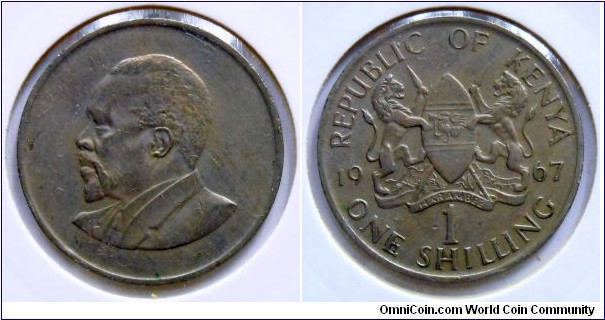 1 shilling.
1967, Jomo Kenyatta