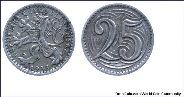 Czechoslovak Republic, 25 halers, 1933, Cu-Ni, 21mm, 4g.