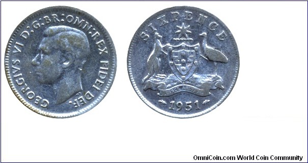 Australia, 6 pence, 1951, Ag, 19.5mm, 2.82g, King George VI.