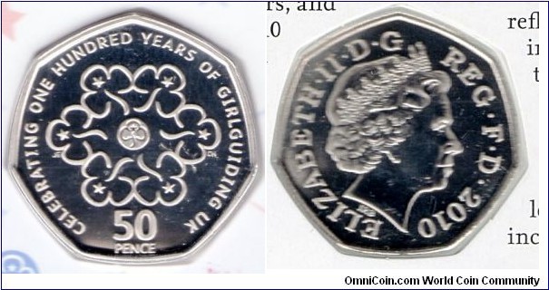 50p 
Celebrating 100 years of Girlguiding UK
Designed by Jonathan Evans 
Queens head by IR Broadley Coin in folder of issue 