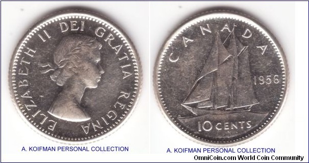 KM-51, 1956 Canada 10 cents; siover, reeded edge; dot below the date variety, average uncirculated or about, hairlines present