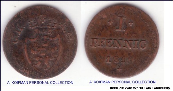 KM-283, German State Hesse-Darmstadt pfennig; copper; one year type with GH-KM inscription on obverse around the shield, fine.