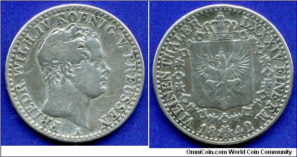 1/6 Thaler.
Kingdom of Prussia.
Friedrich Wilhelm IV (1842-1861), von Preussen.
*A* - Berlin mint.
Mintage 3,046,000 units.


Ag521f. 5,345gr.