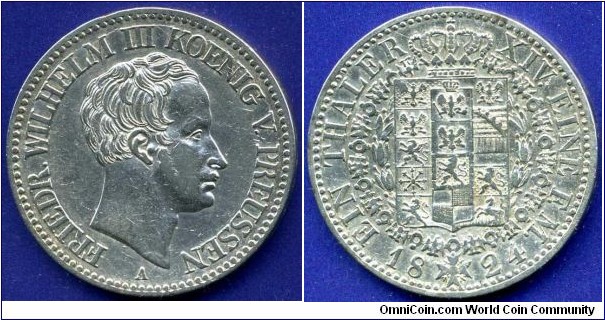 1 Thaler (Full Armorial Thaler, Wappenthaler).
Kingdom of Prussia.
Friedrich Wilhelm III (1797-1840), von Preussen.
Profile of middle age.
Edge lettering: *GOTT*MIT*UNS*.
*A* - Berlin mint.
Mintage 1,144,000 units.


Ag750f. 22,27gr.