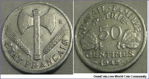 1942 50 centimes, VF grade