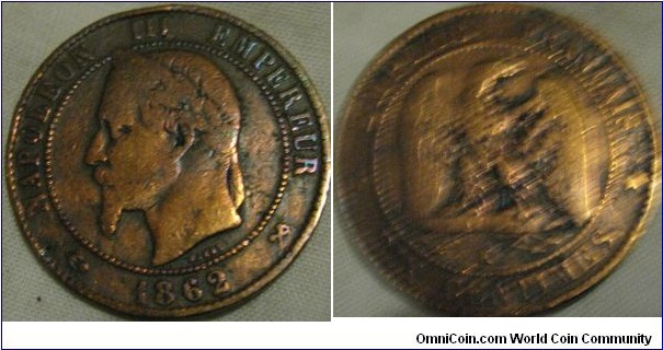 1862 K 10 centimes, F but polished