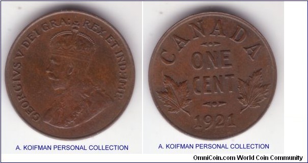 KM-28, 1921 Canada cent; bronze, plain edge; looks uncircuated or about, brown