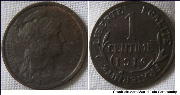 1916 1 centime, obverse, weak but VF+