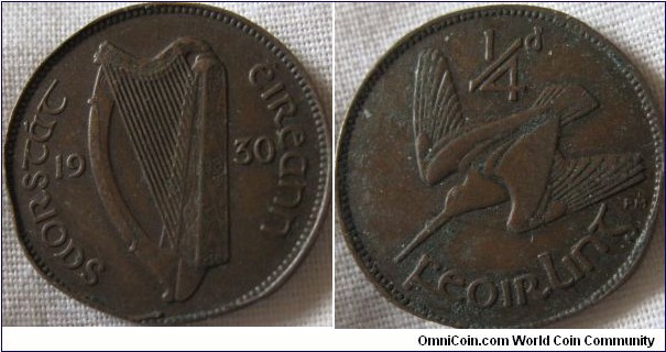 1930 farthing, F grade, odd rim damage