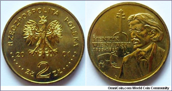 2 zlote.
2001, Henryk Wieniawski (1835-1880)
Polish violinist and composer.
Metal; Nordic Gold 
Weight; 8,15g.
Diameter; 27mm
Mintage 600.000 units.