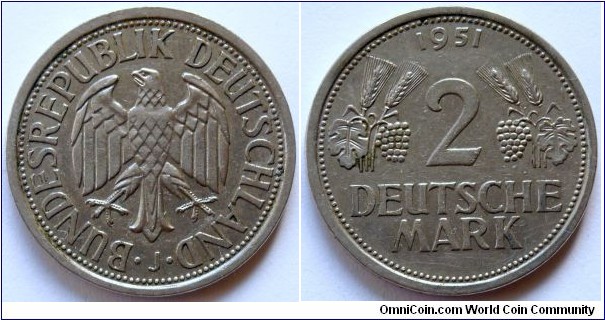 2 mark.
1951, Mintmark 'J' (Hamburg) West Germany