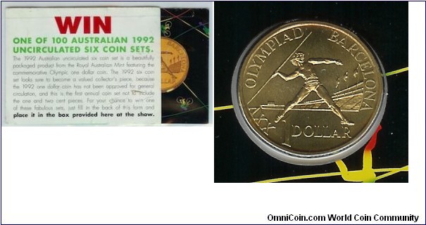 1992 $1 Olympic Games Commemorative with the Tear-Off Entry Coupon from the Royal Easter Show RARE