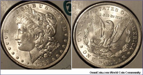 1887 brilliant uncirculated coin with frosty devices and satiny fields.  Above average strike on obverse with it being a little weaker on reverse.