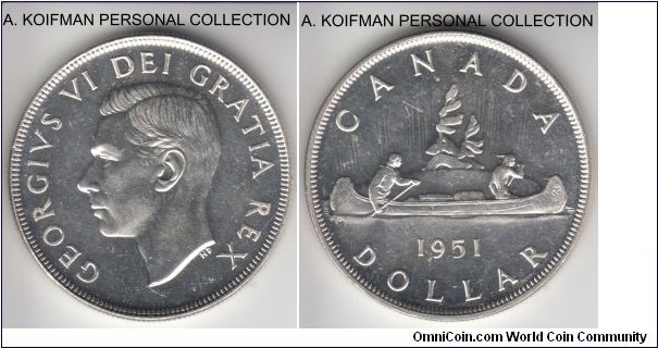 KM-46, 1951 Canada dollar; silver, reeded edge; good grade uncirculated, bright white with somewhat light cameo effect.