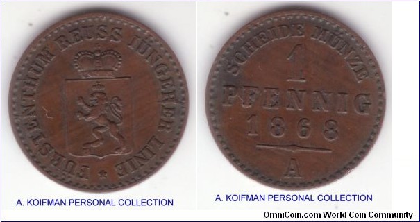 KM-75, 1868 Reuss-Schleiz pfennig, Berlin Mint (A mintmark); copper, plain edge; extra fine