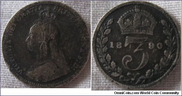 1890 3 pence, very worn, and toned