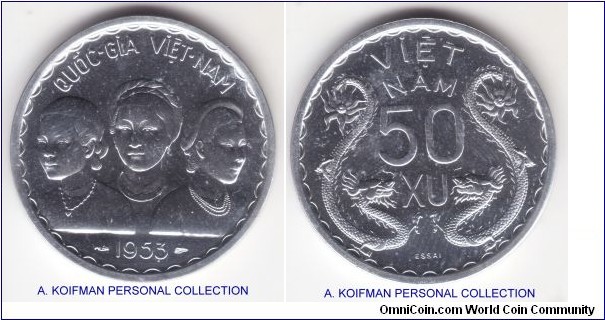 KM-E3, 1953 South Vietnam 50 Xu essai, Paris mint; aluminum, plain edge; brilliant uncirculated, proof like obverse, some light chatter in the fields on reverse, mintage 1,200, from the 3 coin set of the Paris mint.
