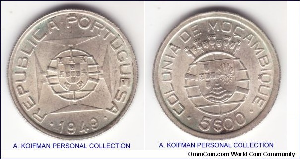 KM-69, 1949 Portuguese Mozambique 5 escudos, silver, reeded edge; nice good extra fine to about uncirculated specimen with luster, small spot on reverse