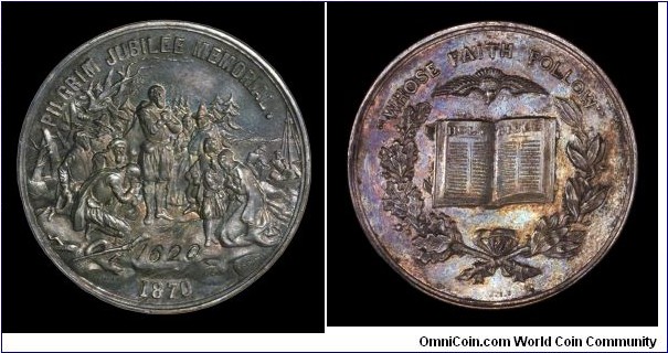 Silver-plated so-called dollar commemorating the Landing of the Pilrims.