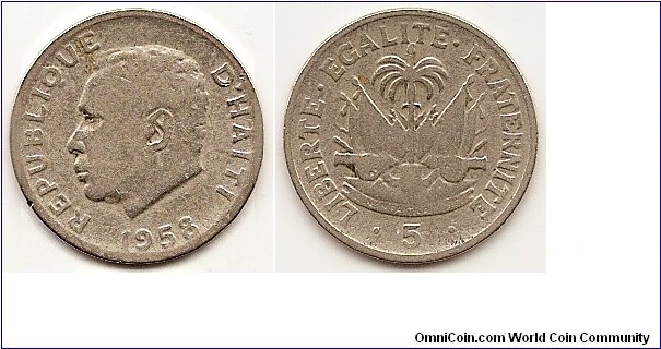5 Centimes
KM#62
Copper-Nickel, 20 mm.   Obv: President Francois Duvalier left Rev: National arms
