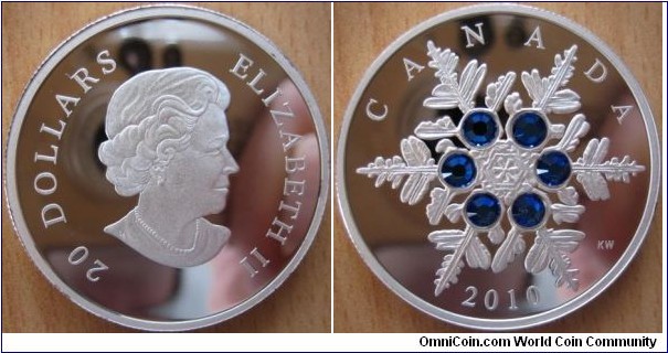 20 Dollars - Blue crystal snwoflake - 31.39 g Ag .999 Proof (with 6 swarovski crystals) - mintage 7,500