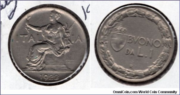 1 Lira Italy 
seated holding Victory & laurel branch - Crowned Savoy coat of arms within a wreath of laurel R mm = Rome
Modellist: Giuseppe Romaggnoli
Engraver: Attilio Silvio Motti 