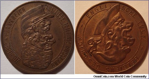 WW1 German reversible satirical medal portraying the allies: Britain, Belgium, Russia and France. Inscription on obverse: 
