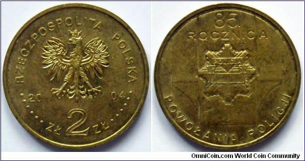 2 zlote.
2004, 85th Anniversary of establishing Polish Police.
Metal; Nordic Gold.
Weight; 8,15g.
Diameter; 27mm.
Mintage; 760.000 units.
