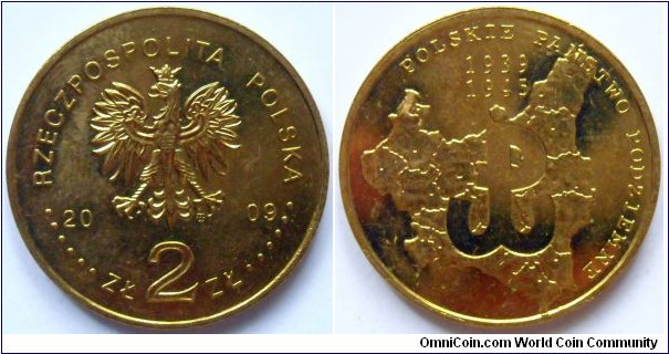 2 zlote.
2009, Polish Underground Country.
(1939-1945)
Metal; Nordic Gold.
Weight 8,15g.
Diameter; 27mm.
Mintage; 1.000.000 units.