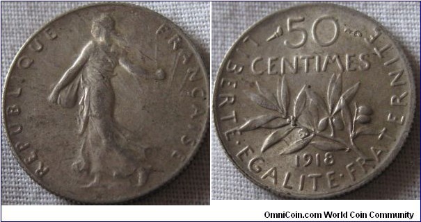 1918 50 centimes, EF if not higher no lustre on obverse but reverse has full lustre