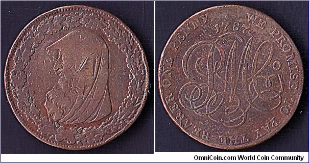 Anglesey 1787 1 Penny.

Parys Mining Company.

This is from Wales' most famous series of late 18th. Century currency tokens.
