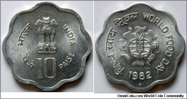 10 paise.
1982, World Food Day.
F.A.O. issue.
Hyderabad mintmark.