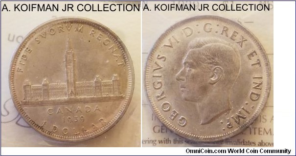 KM-38, 1939 Canada dollar; silver, reeded edge; George VI, Royal visit commemorative, lightly toned, ICCS graded MS63.