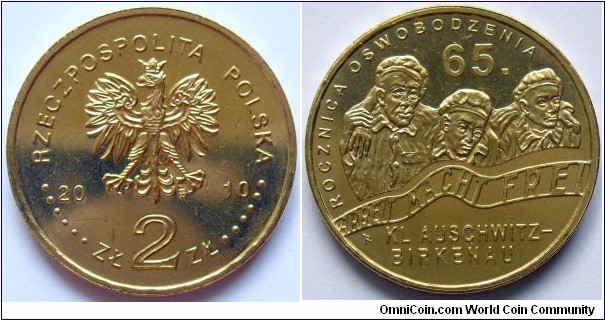 2 zlote.
210, Liberation of Nazi German Concentration Camp Auschwitz-Birkenau.
Metal; Nordic Gold.
Weight 8,15g.
Diameter; 27mm.
Mintage; 1.000.000 units.