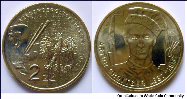 2 zlote.
2010, Artur Grottger (1837-1867) polish painter and graphic designer.
Metal; Nordic Gold.
Weight; 8,15.
Diameter; 27mm.
Mintage; 1.400.000 units.
