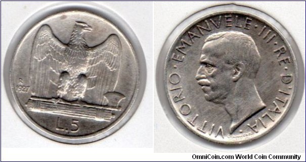 5 Lira
Eagle on fasces
Victor Emanuele III 
Modellist: Giuseppe Romagnoli
Engraver: Attilio Silvio Motti