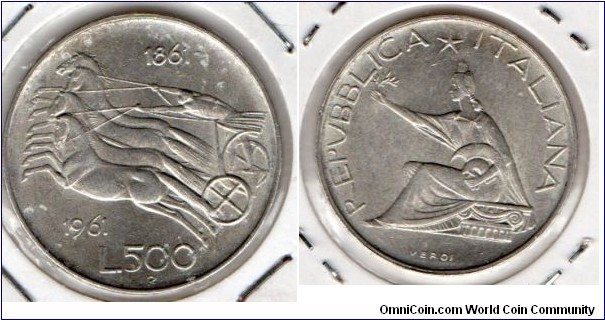 500 Lire
1st Centenary of Italian Unification 1861-1961
Quadriga with dates above and below
Italy seated with olive branch and helmet 
Guido Veroi 