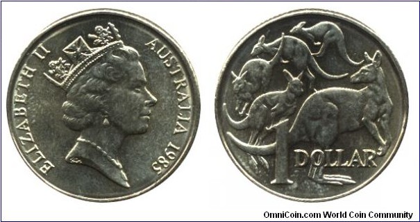 Australia, 1 dollar, 1985, Ni-Al-Cu, 25mm, 9g, Kangaroos, Queen Elizabeth II.