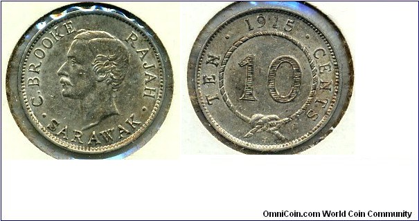 10-cent silver, C. Brooke, Sarawak,1915H.