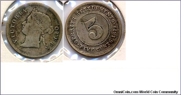 5-cent silver, Straits Settlements 1879H.