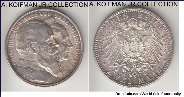 KM-276, 1906 German States Baden 2 marks; silver, reeded edge; commemorating Friedrich I Golden Wedding Anniversary, large mintage of 350,000, terrific luster on what looks to me as pristine reverse, obverse is toned.