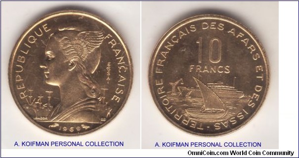 KM-E5, 1969 French Afars and Issas 10 francs essai; aluminum bronze, plain edge; Modern French colonial mintage, 1,700 pieces minted.