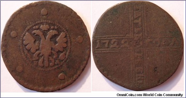 Appears to be a counterfeit AE 5 kopecks dated 1722