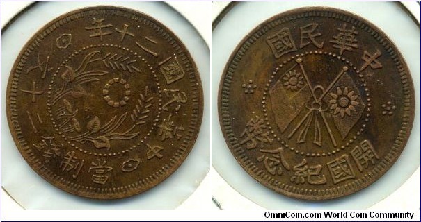 20 Cash (二十文), copper, Republic of China Year 20. 中華民國二十年二十文銅幣一枚。