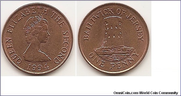 1 Penny
KM#54b
Copper Plated Steel, 20.32 mm.   Ruler : Elizabeth II Obv: Young bust right Rev: Le Hocq Watch Tower, St. Clement