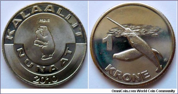 1 krone.
2010, Greenland.
Narwahl (Unofficial pattern)