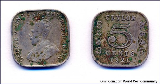 George 5th king emperor 
Ceylon
5 cents 
